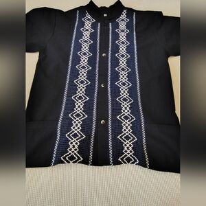 Blue Embroidered Button Down Guayabera Shirt Size 14